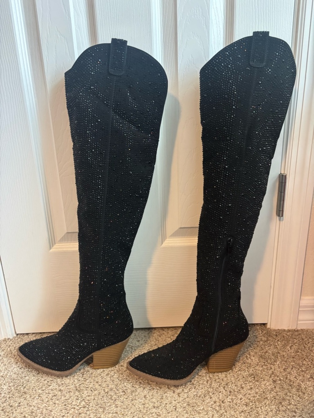 Black Over-the-Knee Sparkle Heel Boots - Women's